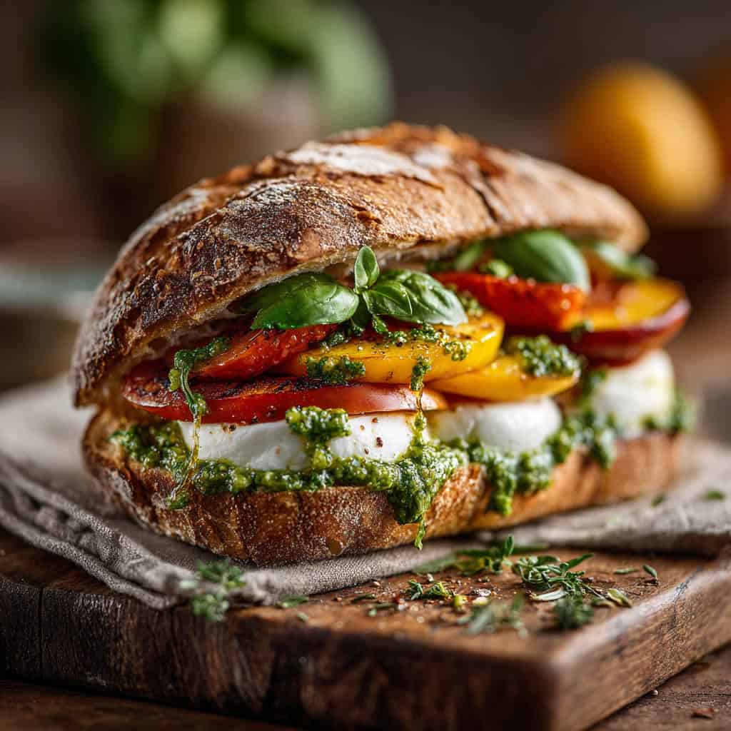 Caprese Sandwich with Basil Pesto Mayo &amp; Vegan Mozzarella