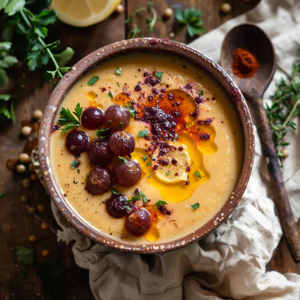 Creamy red lentil soup with roasted grapes &amp; sumac