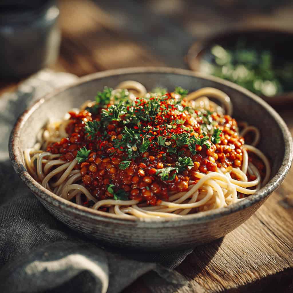 High-Protein Lentil Bolognese with Whole Wheat Spaghetti