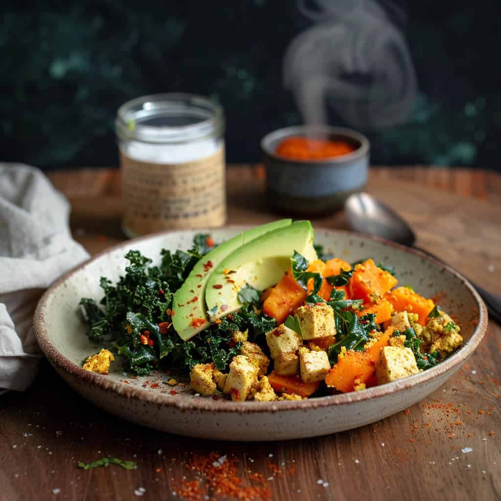 High-Protein tofu scramble with sweet potato &amp; kale