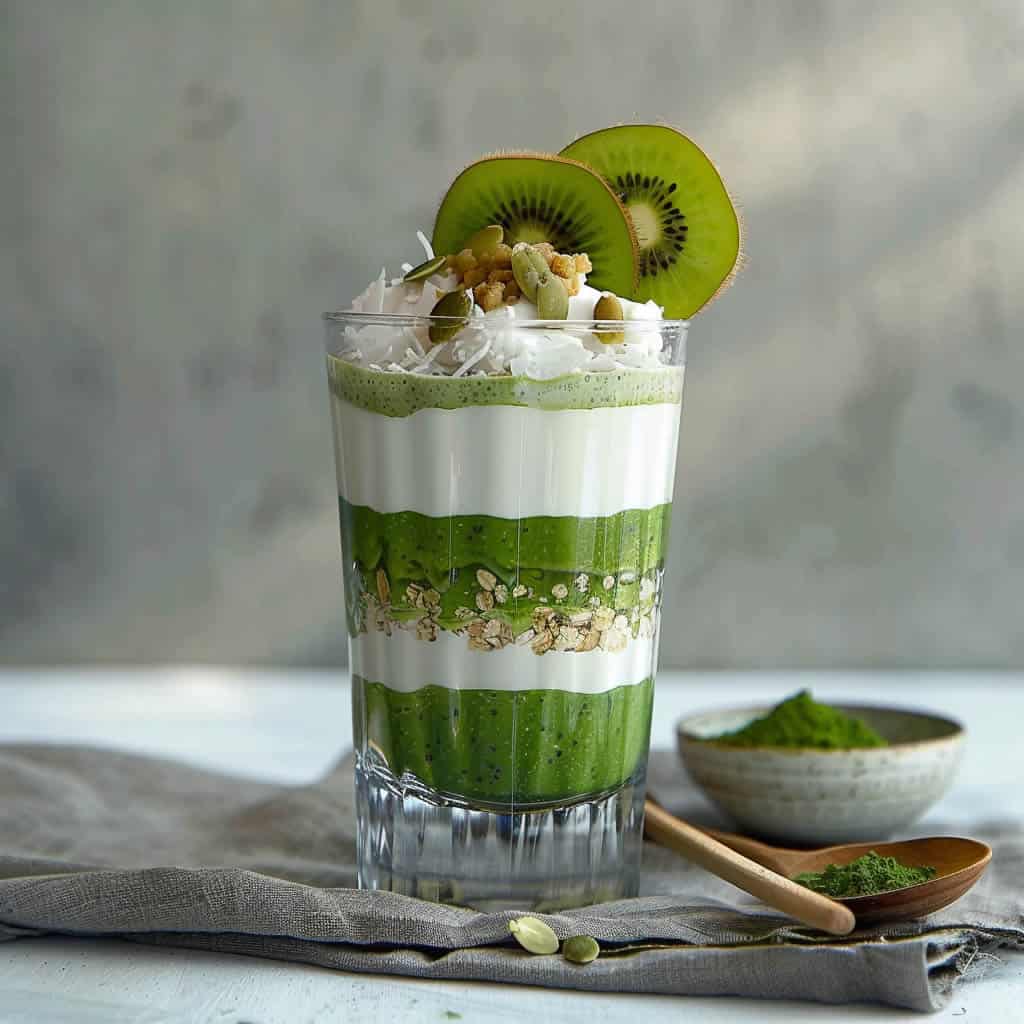 Matcha Chia yogurt parfait with coconut &amp; kiwi