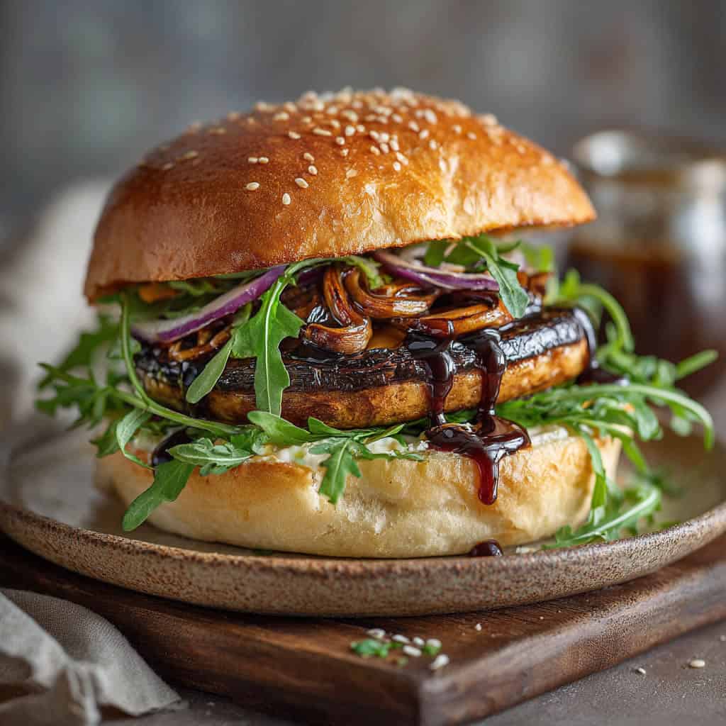 Portobello burger with balsamic glaze &amp; cramelized onion