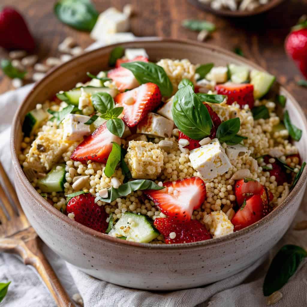 Strawberry &amp; basil couscous salad with almond feta